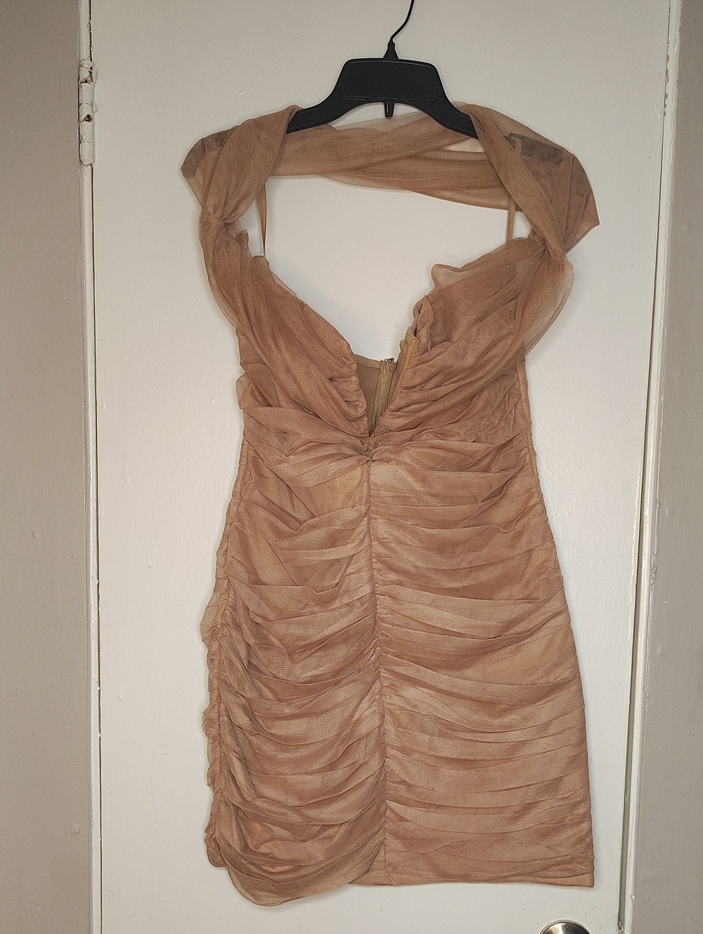 Ruched Halter Mini Dress in Tan